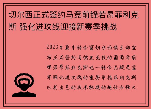 切尔西正式签约马竞前锋若昂菲利克斯 强化进攻线迎接新赛季挑战